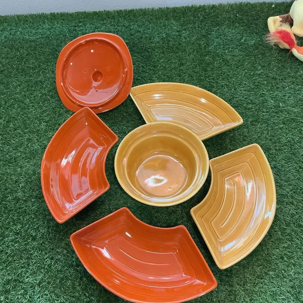 Vintage California Pottery 6 Pc Relish Serving Set Orange Brown CALIF USA MCM